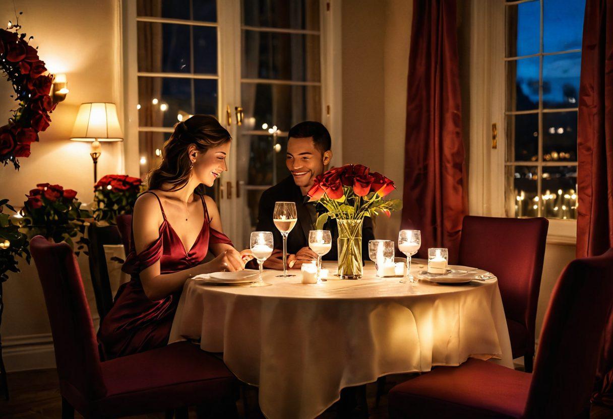 A romantic evening setting featuring a candlelit table for two, soft silk fabrics, a glass of red wine, and beautiful roses scattered around. In the background, a couple playfully flirting, sharing laughter and intimate glances. The ambiance exudes warmth and passion, with twinkling fairy lights above. The color palette is rich and inviting, emphasizing the allure of romance. super-realistic. warm tones. soft focus.