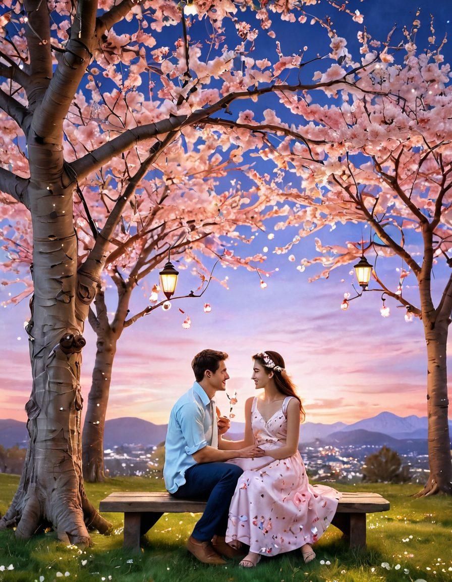 A whimsical scene depicting a couple in a playful, flirtatious dialogue under a blooming cherry blossom tree, with twinkling fairy lights surrounding them, encapsulating irresistible charm and warmth. The background features soft pastel colors and playful patterns, representing love and attraction. Add subtle cartoonish elements like hearts and winks to emphasize the flirting aspect. vibrant colors. whimsical style.